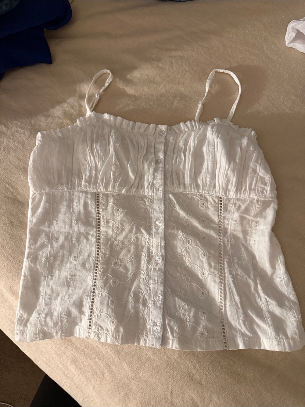 Women’s White Embroidered Cotton Cami with Button Front